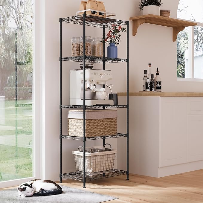 IZEUK 5-Tier Black Metal Storage Shelves, Adjustable Wire Shelving Unit for Kitchen, Bathroom, Pantry, Office, Garage, Organizer Wire Rack, 1250 lbs, 13.7" D x 23.6" W x 63" H