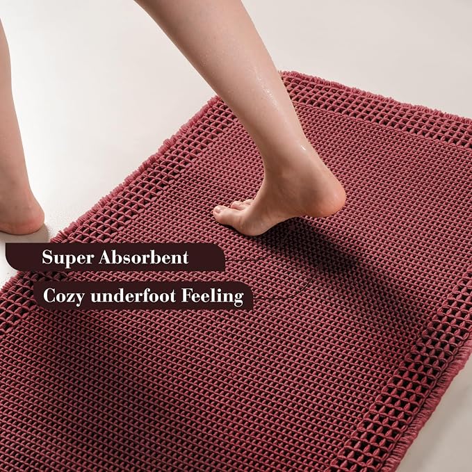 RESARE Waffle Bath Mat for Bathroom, Super Absorbent Bathroom Rugs Non Slip Machine Washable, Ultra Soft Quick Dry Boho Bath Rugs with Tassels, Farmhouse Home Decor Accessories, 18"x30" Dark Red