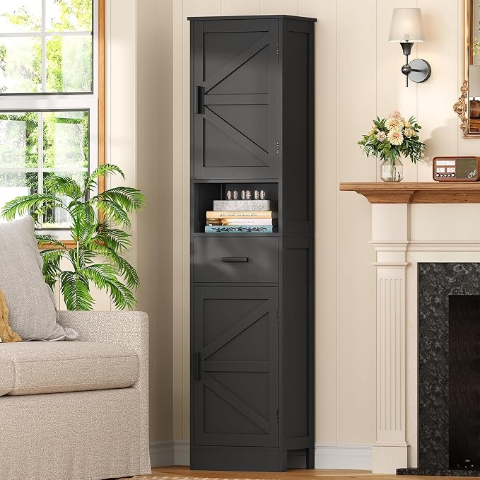 TEENFON Tall Bathroom Storage Cabinet with Barn Doors, Narrow Bathroom Cabinet with Drawer, Narrow Storage Unit, Adjustable Shelves, Floor Cabinets for Living Room, Entryway, Kitchen, Black
