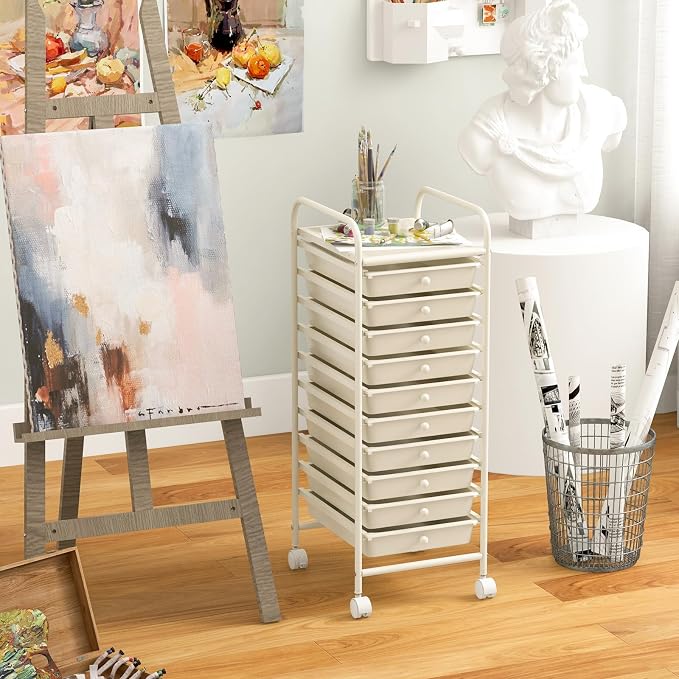 10-Drawer Rolling Storage Cart, Trolley w/Lockable 360° Wheels, 10 Removable PP Drawers, Sturdy Metal Frame, Rolling Utility Cart Perfect for Home, Office, Classroom (Ivory)