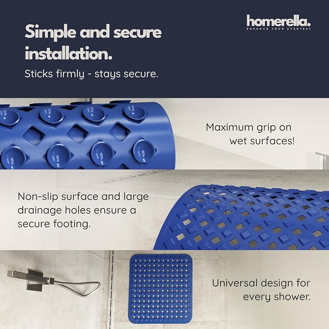 homerella® Shower Mat Non Slip Anti Mold, Non Slip Shower Mats for Inside Shower Stall Anti Slip Mat, Square Shower Floor Mat 21 x 21 in with Suction Cups & Hooks for Quick Drying, Machine Washable