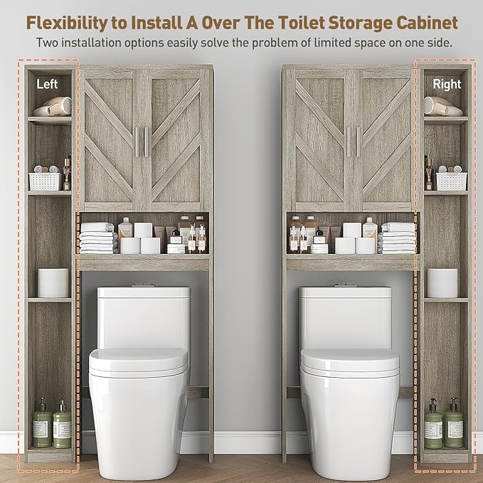 Over The Toilet Storage Cabinet with 7 Storage Shelves, Above Toilet Bathroom Organizer with Toilet Paper Holder Stand, Behind Toilet Cabinet, Space Saver for Restroom, Bathroom, Laundry, Grey