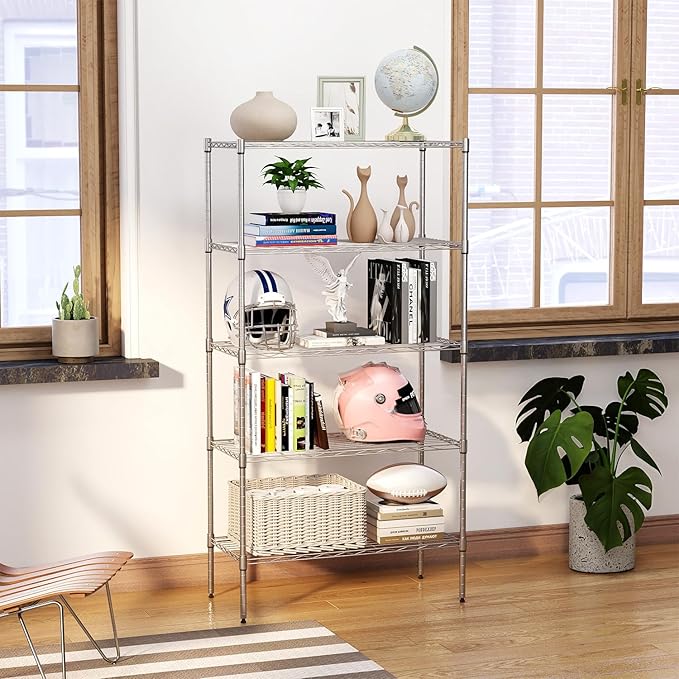 BestOffice | 5-Tier Wire Storage Shelves with Wheels | 14 x 30 x 61 | Chrome | with Adjustable Racks | Heavy-Duty Metal Shelf, Holds Upto 1250 lbs | No-Tool Assembly | Ideal for Home & Garage Shelving