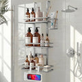 Over the Door Shower Caddy Hanging, Rustproof Shower Shelves with Waterproof Phone Pouch, Adjustable Bathroom Organizers and Storage, No Drilling Shampoo Soap Shelf (Silver 3-Tier)