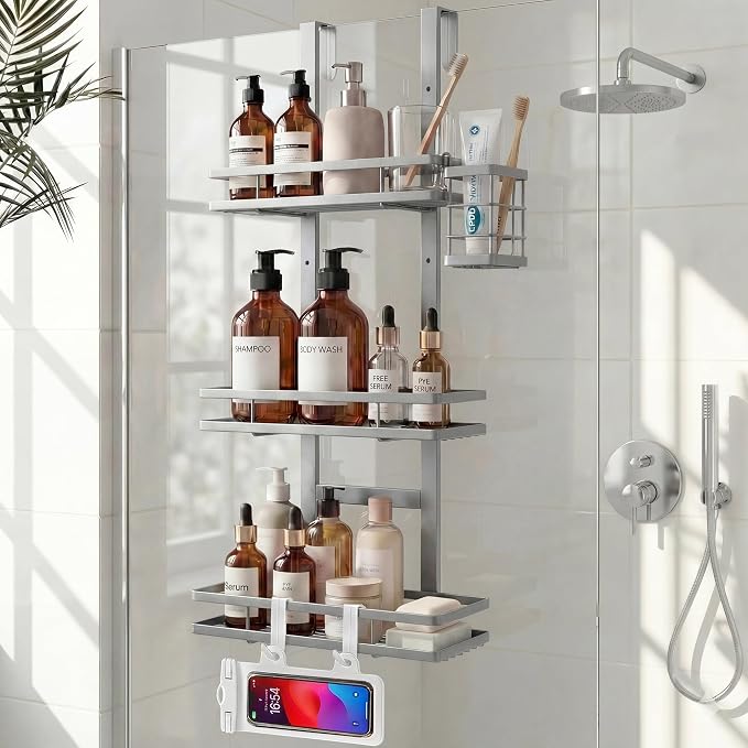 Over the Door Shower Caddy Hanging, Rustproof Shower Shelves with Waterproof Phone Pouch, Adjustable Bathroom Organizers and Storage, No Drilling Shampoo Soap Shelf (Silver 3-Tier)
