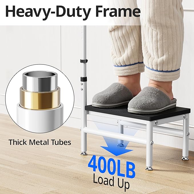 Step Stool with Handle for Adults and Seniors, Heavy Duty One Step Wooden Platform Stool with Adjustable Handrail, Wide Non Slip Footstool for Bedside, Bathroom and Home
