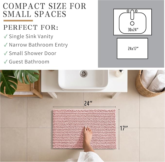 Yimobra Bathroom Rugs Non Slip Washable - Ultra Soft Absorbent Chenille Bath Mat, Quick Dry Shaggy Floor Carpet for Tub Shower, Light Pink Home Decor Accessories, 24x17 Inch
