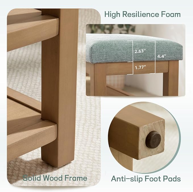 Zihanhome 2 Tier Shoe Rack Bench with Cushion, Solid Wood Shoe Benches, Mid-Century Modern Shoe Storage Bench for Entryway, Hallway, Living Room, Closet, Front Door Entrance, (Teal, 31.5")