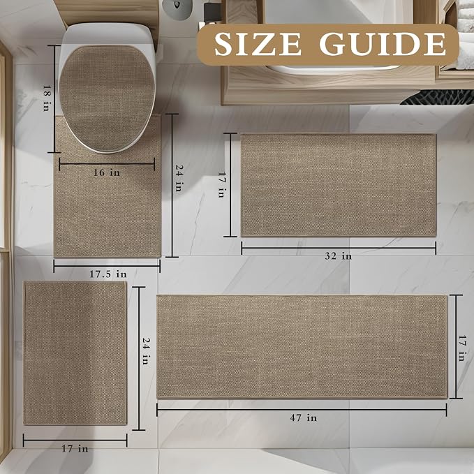 YIHOUSE Brown Bathroom Rug Sets 5 Piece, Dark Beige Absorbent Bath Mat for Bathroom Non Slip Washable,Bath Room Mat Quick Dry, Thin Bath Rug Set for Toilet and Floor