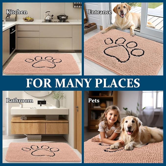 OLANLY Dog Door Mat for Muddy Paws 48x30, Paw Print Design, Absorbs Moisture and Dirt, Absorbent Non-Slip Washable Doormat, Quick Dry Chenille Mud Mat for Dogs, Entry Indoor Entryway Carpet, Peach