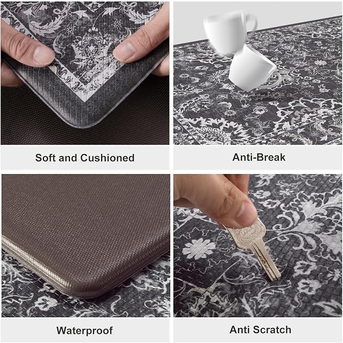 KIMODE Comfort Kitchen Mats for Floor Cushioned Anti Fatigue 2 Piece,Boho Floral Kitchen Rugs Non Slip,Waterproof Memory Foam Kitchen Mat Carpet for Laundry Office Home,Dark Grey 17"x29.5"+17" x47”