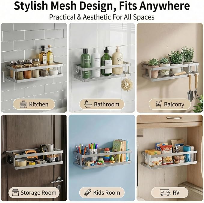PUSDON 2-Pack Minimalist Shower Caddy Wall Mount, Open Frame Bathroom Shelf Organizer with Mesh Base, Rustproof Floating Spice Rack for Kitchen, Holds 50 LBS, 4 Hooks - Silver Gray, Guardrail