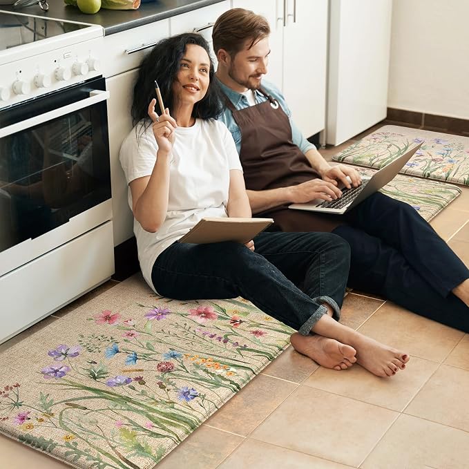 KIMODE Anti Fatigue Mats for Kitchen Floor 17"x59"+17"x29", Farmhouse Floral Kitchen Rugs, Cushioned Memory Foam Kitchen Mats, Comfort Standing Mat for Laundry, Office, Sink, Desk Brown