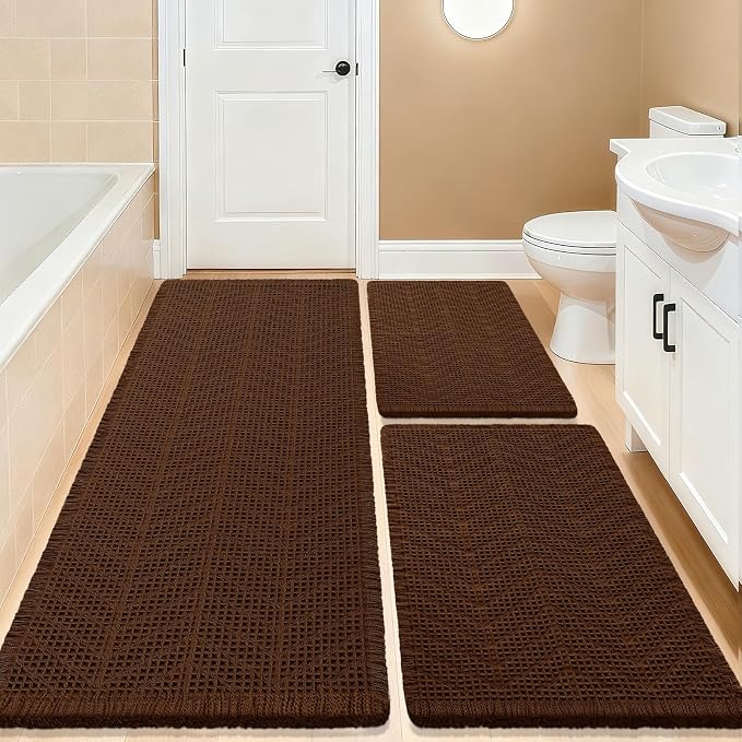 Waffle Bath Mat Set 3 Piece, Boho Woven Modern Bath Rug Absorbent Non Slip, Soft Bathroom Mats, Machine Washable Knit Bath Rugs with Herringbones for Bathroom, Bedroom, Kitchen, Shower, Tub, Brown