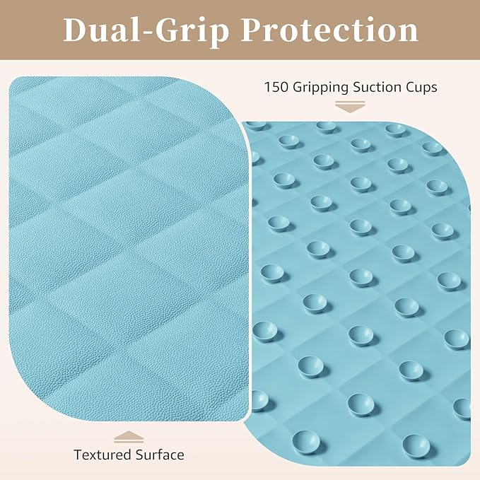 Yolife Bathtub Shower Mat Non Slip, Natural Rubber Bath Tub Floor Liner Mats with Strong Suction Cups for Inside Shower Bathroom, Machine Washable, Soft on Feet, 27.5 x 17 Inch, Blue