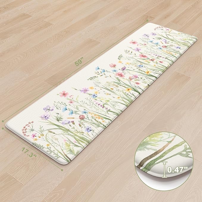 KIMODE Anti Fatigue Kitchen Mat, Cushioned Boho Kitchen Runner, Non Slip Farmhouse Kitchen Mat for Floor, Waterproof Standing Desk Mat for Laundry, Office, Sink White 17.3"x59"