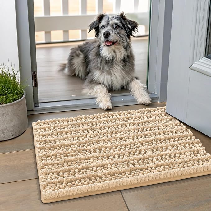 Smiry Dog Door Mat for Muddy Paws 24x16, Absorbent Dirt Trapper, Non-Slip Washable Chenille Entryway Rug for Inside Floor, Beige, Layered Pattern