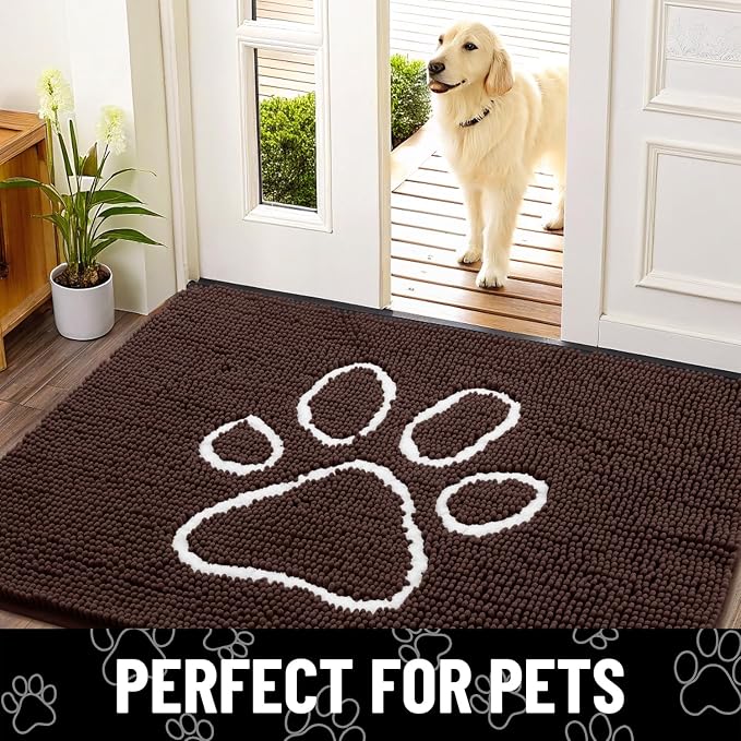 Smiry Dog Door Mat for Muddy Paws, Absorbent Dirt Trapper Non Slip Quick Dry Washable Chenille Mat for Mud Dogs, Entry Rug for Indoor and Outdoor (59x35 Inches, Brown and White)