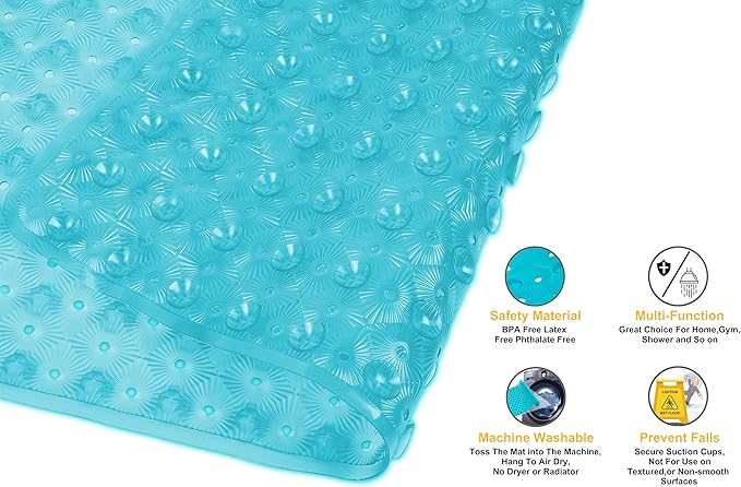 Bathtub Mat Non Slip with Suction Cups 15"x27" - Anti-Slip Shower Mat for Kids, Toddlers, and Seniors - Machine Washable Bath Tub Mat with Multiple Drainage Holes (Aqua)