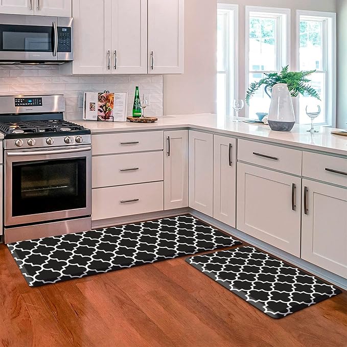 KMAT Kitchen Mat [2 PCS] 0.47inch Cushioned Anti-Fatigue Kitchen Rug, Waterproof Non-Skid Kitchen Mats and Rugs Heavy Duty PVC Ergonomic Comfort Standing Mat for Kitchen, Floor Home, Sink, Black
