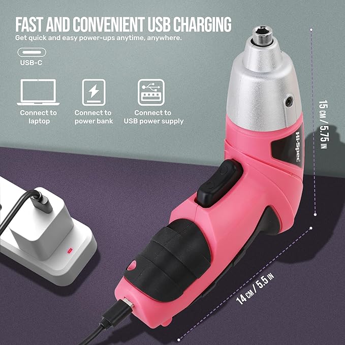 Hi-Spec Cordless Electric Screwdriver, Power Screw Driver Set with Pink Compact Tool Kit for Small Repair and Maintenance- Ideal Housewarming Gift,19 Piece