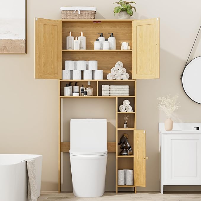 Homhedy 67" H Over The Toilet Storage Cabinet, Boho Bathroom Organizer with Rattan Decorated Doors, Adjustable Shelves, Toilet Paper Holder, Space-Saving Bathroom Shelf for Small Spaces, Natural