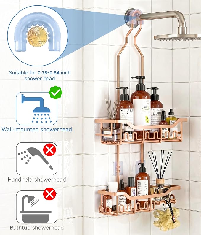 Upgraded Extended Length Shower Organizer with Hooks, Rustproof Shampoo Soap Holder, Large Hanging Bathroom Caddy, Rose Gold