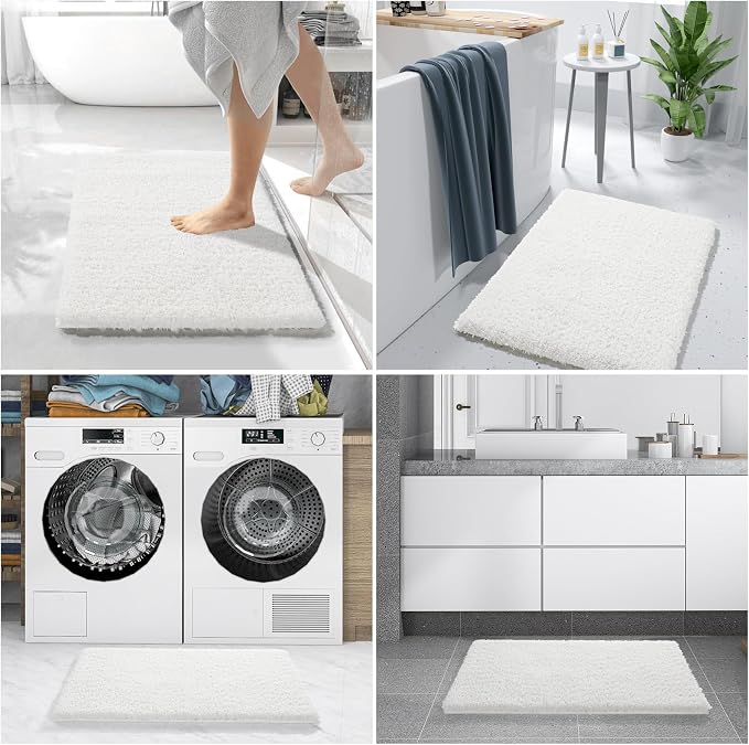 Yimobra Fluffy Plush Bath Rug, Super Shaggy Soft Comfortable Non Slip, Water Absorbent Microfiber Bath Mat, Dries Quickly, Machine Washable Thick Bathroom Rugs for Shower, 70" X 24", Off White
