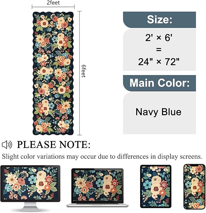 DUKINO 2x6 Runner Rug for Hallway, Washable Kitchen Rug with Non Slip Backing & Non-Shediing, Soft Low Pile Floral Design Runner for Bedroom, Kithchen, Living Room, Laundry, Bathroom, Navy Blue