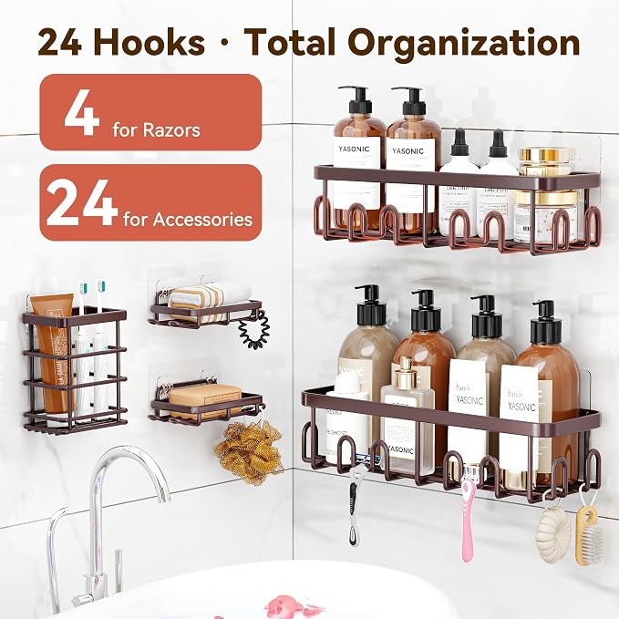 YASONIC Shower Caddy Adhesive, 100% Rustproof Shower Organizer with Soap and Toothbrush Holder, Large Capacity Shower Shelves for Inside Shower, No Drill Shower Storage for Home (5 Pack Bronze)