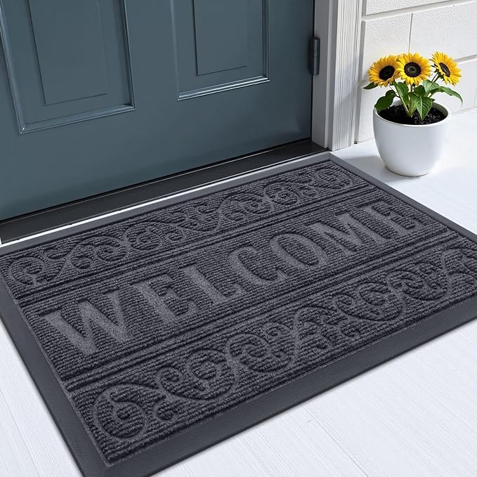 OLANLY Welcome Door Mat Indoor Outdoor Entrance, Heavy Duty Sturdy Front Door Mat, Waterproof All-Weather Doormat, Stain Resistant, Low Profile, Easy Clean Patio Entryway Mat, 29.5 x 17, Medium Grey