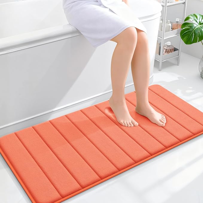 OLANLY Memory Foam Long Bathroom Rugs Runner 44x20, Super Soft Absorbent Bath Mat, Quick Dry, Machine Washable Shower Floor Rugs, Bathmat Carpet, Bathroom Home Decor Accessories, Coral