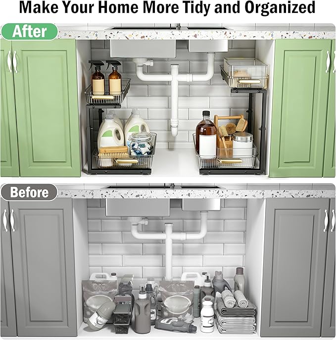 ARSTPEOE Under Sink Organizer - 2 Packs Multi-Purpose Pull-Out Storage Organizers, Slide out Pull out Cabinet Organizer Shelf, Storage for Kitchen Bathroom, Clear