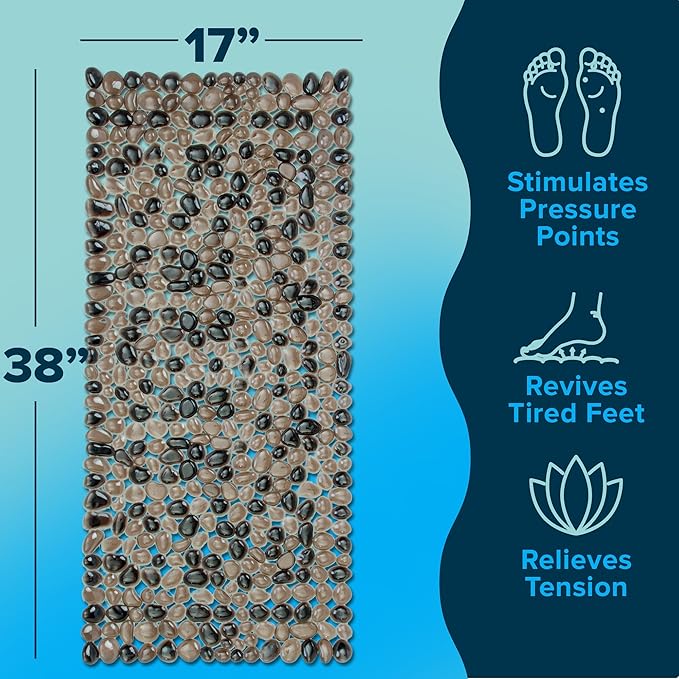 SlipX Solutions Non Slip Pebble Bath Mat for Shower & Bathtub 38x17 | River Rock Look | Accupressure | Massage Bath Mats for Tub | 188 Suction Cups | Machine Washable, Bronze Pebbles