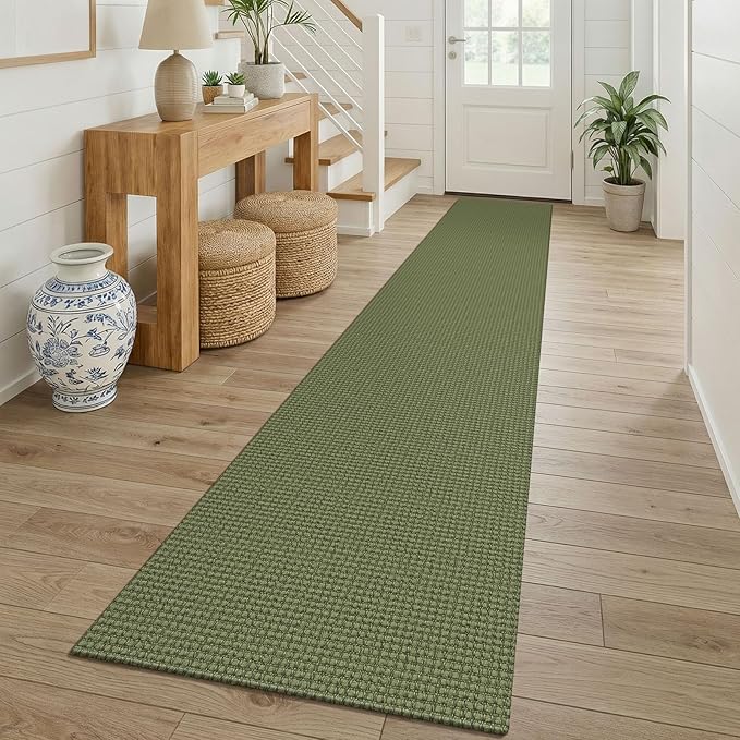 KOZYFLY Cotton 2x12 Runners Rugs for Hallway, Long Washable Runner Rug, Woven Non Slip Kitchen Runner, Braided Entryway Rug, Floor Carpet for Entry, Aisle, Hall, Olive Green/Earthy Green