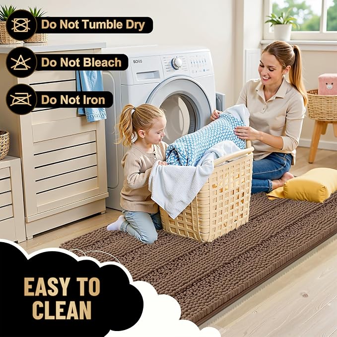 OLANLY Thick Bathroom Rugs 30x20, Extra Soft Absorbent Chenille Striped Bath Rugs, Rubber Backing, Machine Wash Dry, Bath Mats for Bathroom Floor, Tub and Shower, Home Decor Accessories, Mocha