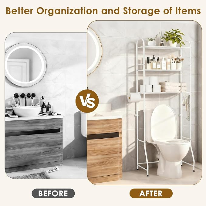 3-Tier Over The Toilet Storage Rack - Freestanding Bathroom Shelf Organizer with Toilet Paper Holder & 3 Hooks, Space-Saving Sturdy Rust-Resistant Design, 62" H White