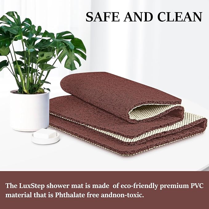 LuxStep Shower Mat Bathtub Mat,40x16 inch, Non-Slip Bath Mat with Drain, Quick Drying PVC Loofah Bathmat for Tub,Shower,Bathroom,Reddish Brown