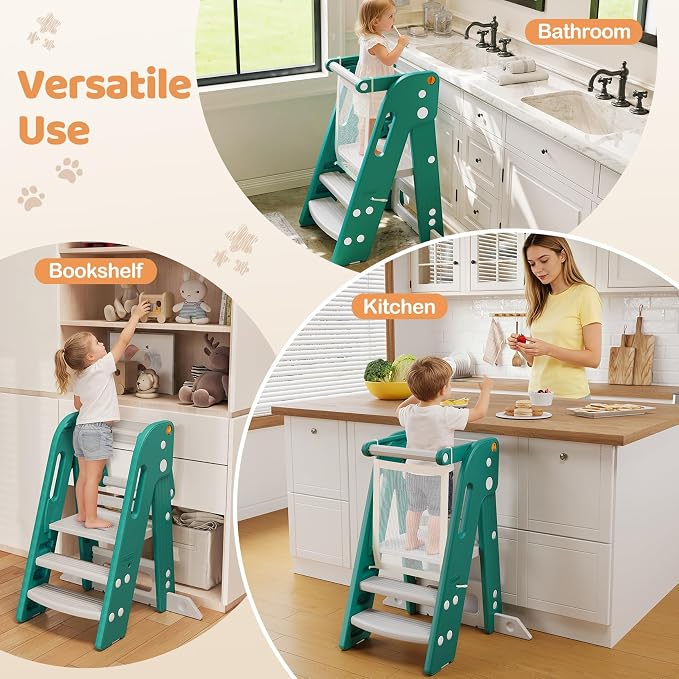 Onasti Toddler Standing Tower, Converts from 3-Step to 2-Step as Kids Grow, Space Saving Kids Kitchen Step Stool for Bathroom Sink, Kitchen Counter and Everyday Household Use-Green