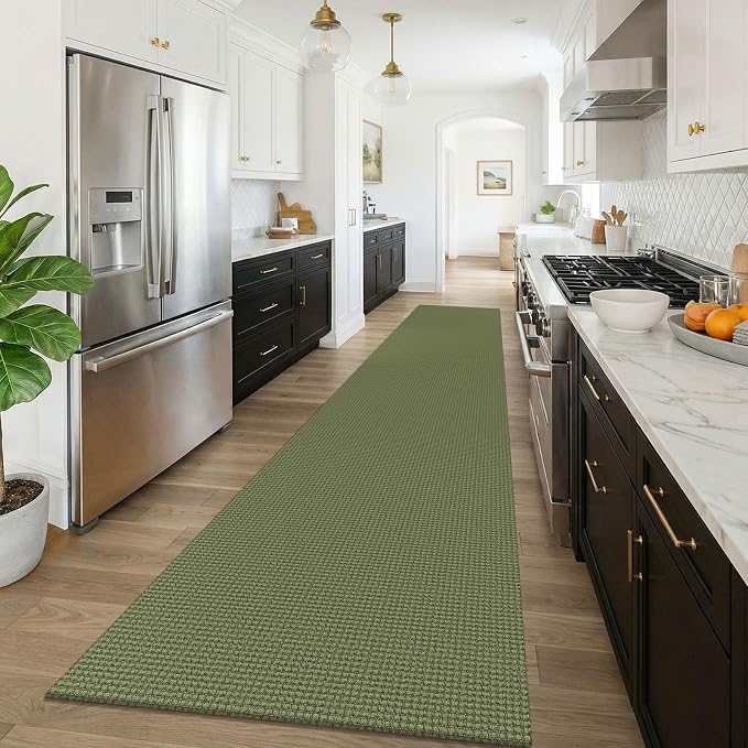 KOZYFLY 3x16 Runners Rugs for Hallway, Extra Long Washable Runner Rug, Non Slip Rubber Backed Kitchen Runner, Cotton Entryway Rug, Floor Carpet for Entry, Aisle, Hall, Olive Green/Earthy Green