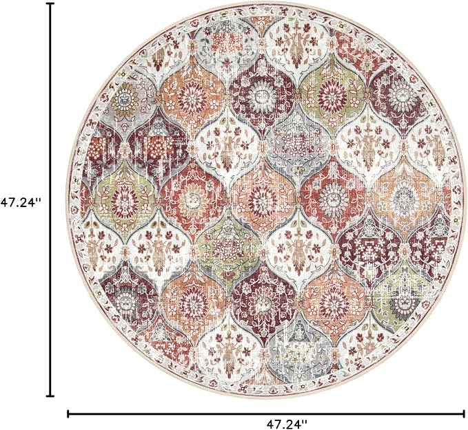 Lahome Moroccan Trellis Washable Round Rugs, Non-Slip Soft Round Rug 4ft Ultra-Thin, Small Vintage Circle Carpet for Entryway Kitchen Bedroom Nursery Bathroom Elise, Orange/Terracotta