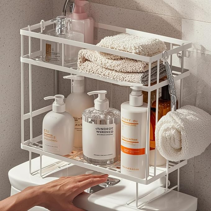 ShellKingdom Over The Toilet Storage Shelf, 2 Tier Toilet Paper Holder Stand Shelves, Punch-Free Bathroom Storage Rack with 2 Hooks, Small Space Organizers for Bathroom, Home, Countertop, White