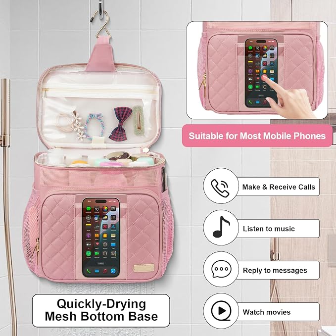 Portable Shower Caddy College Dorm Essentials (Full Size Bottle Compatible), Toiletry Bag for Women Men, Hanging Makeup Bag with Quickly Dry Mesh Base for Travel,Gym & Camping,Pink