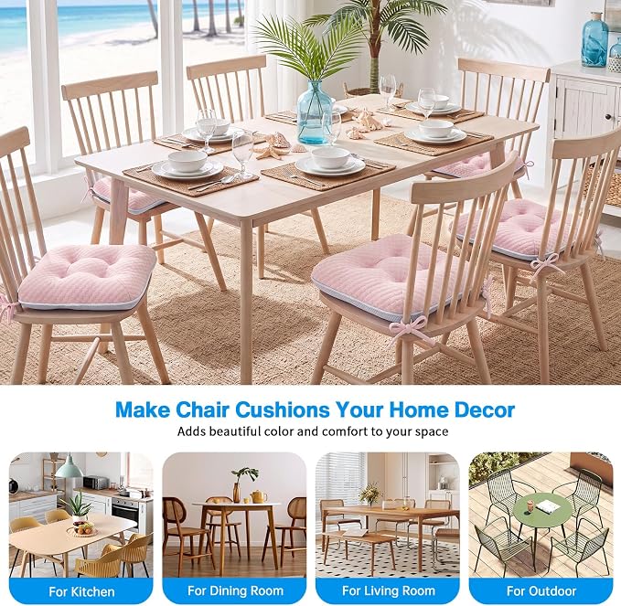 BETU Chair Cushions for Dining Chairs Set of 6,Seat Cushion Kitchen Table Chair Pads with Ties,Non Slip Backing and Covers, Seat Cushions for Dining Room,Bar,Patio Chairs,15.5"X15.5"X3.5",Pink