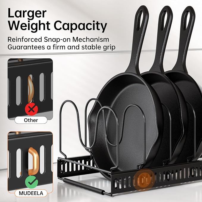 MUDEELA Pots and Pans Organizer Rack for under Cabinet, Expandable Pot Lid Kitchen Cabinet Organizer Holder with 14 Adjustable Compartment Cutting Board Organizer for Pan Lid, Bakeware