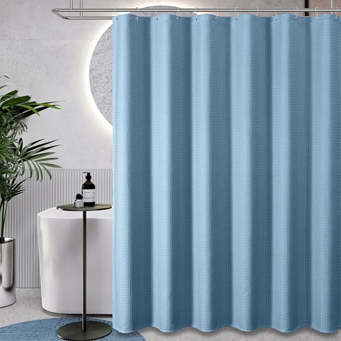 Dynamene Extra Long Fabric Shower Curtain - Waffle Weave 90 Inches Long Heavy Duty Cloth Shower Curtains for Bathroom, 256GSM Tall Hotel Luxury Bath Curtain Set with 12 Plastic Hooks, Moonlight Blue