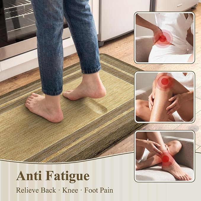 KIMODE Anti Fatigue Kitchen Mats for Floor, Farmhouse Kitchen Rugs Sets of 2, Cushioned Kitchen Floor Mats, Brown/Khaki Laundry Room Mat, Comfort Standing Mat for Sink Office Desk 17"x47"+17"x29"