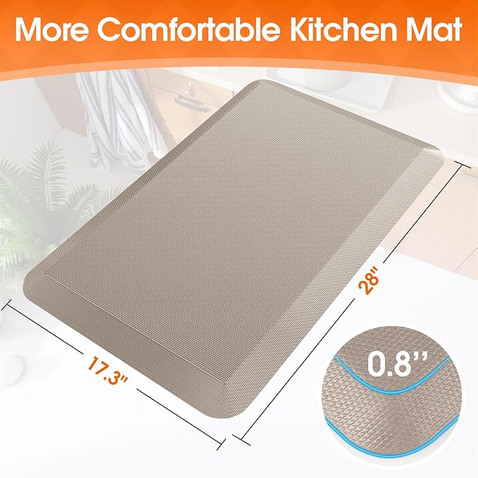 4/5 Inch Thicker Kitchen Mat, Cushioned Thick Floor Comfort Mat, with Non-Slip Bottom, Water & Stain Resistant, Easy Clean Standing Desk Mat for Kitchen, Sink, Office (17.3"x28"x0.8", Khaki)