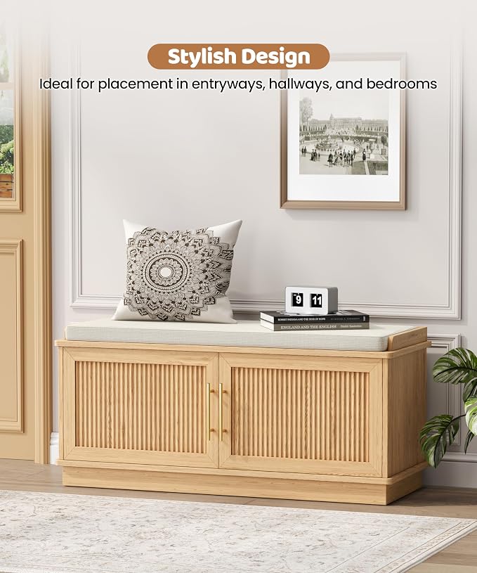 Akxomel Fluted Shoe Storage Bench with Cushion, 39.4" Entryway Bench with Adjustable Shelves and 2 Doors, Shoe Cabinet Bench with Curved Profile, for Hallway, Living Room, Bedroom, Natural Oak