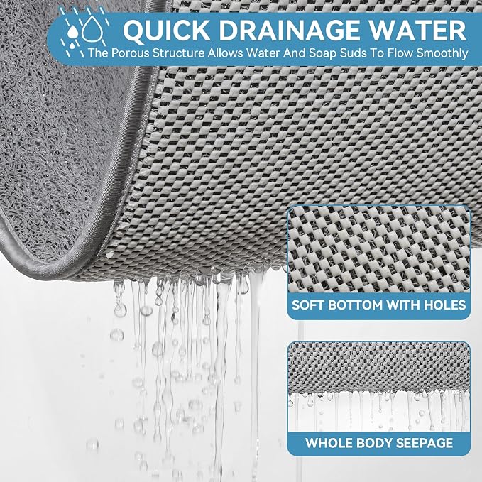 Non Slip Shower Mat Bathtub Mat 16x24 Inch, Quick Dry Bath Mat with Drain, Soft PVC Imitation Loofah Foot Scrubber Bath Mats for Bathroom Tub Shower Floor, Hangable & Hook Included, Gray